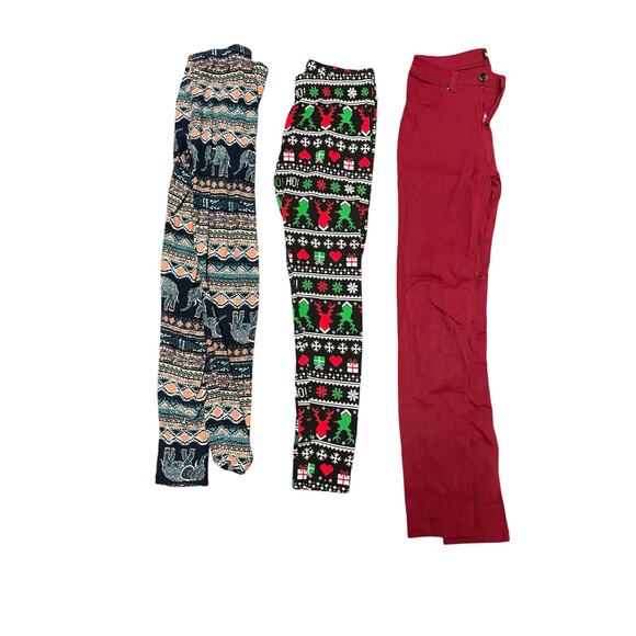 Medium Fall Winter Leggings Lot Red Jeggings Christmas Elephants - Picture 1 of 6